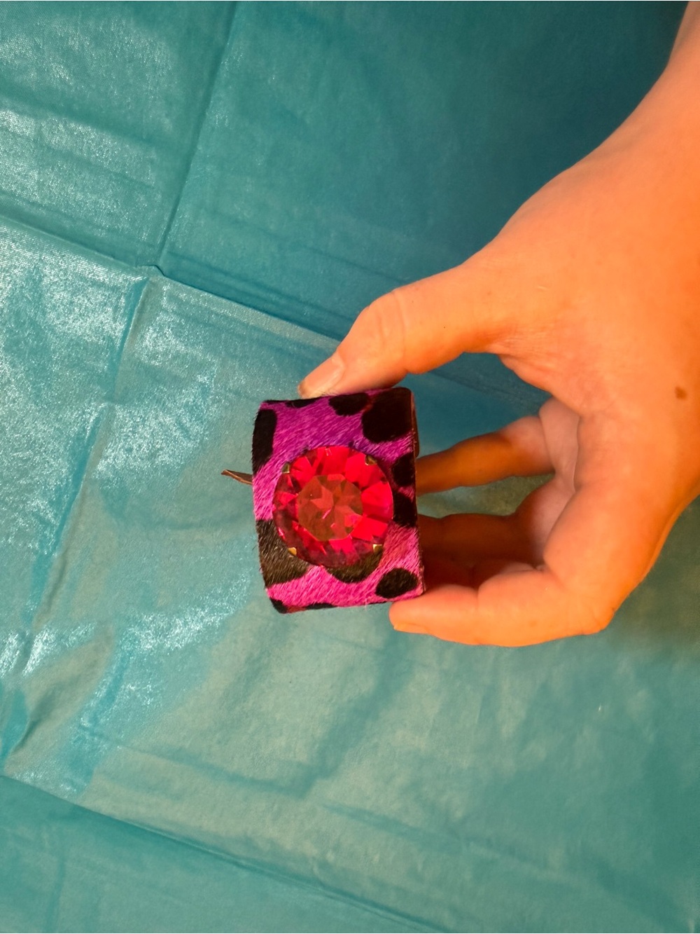 Fuchsia Leopard Cuff Bracelet with Pink Faceted Gem